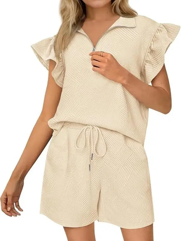 BTFBM Women's Summer 2-Piece Outfits Sweatsuit Zipper V-Neck Casual Ruffle Short Sleeve Tops and Drawstring Shorts Lounge Sets #Outdoorfun