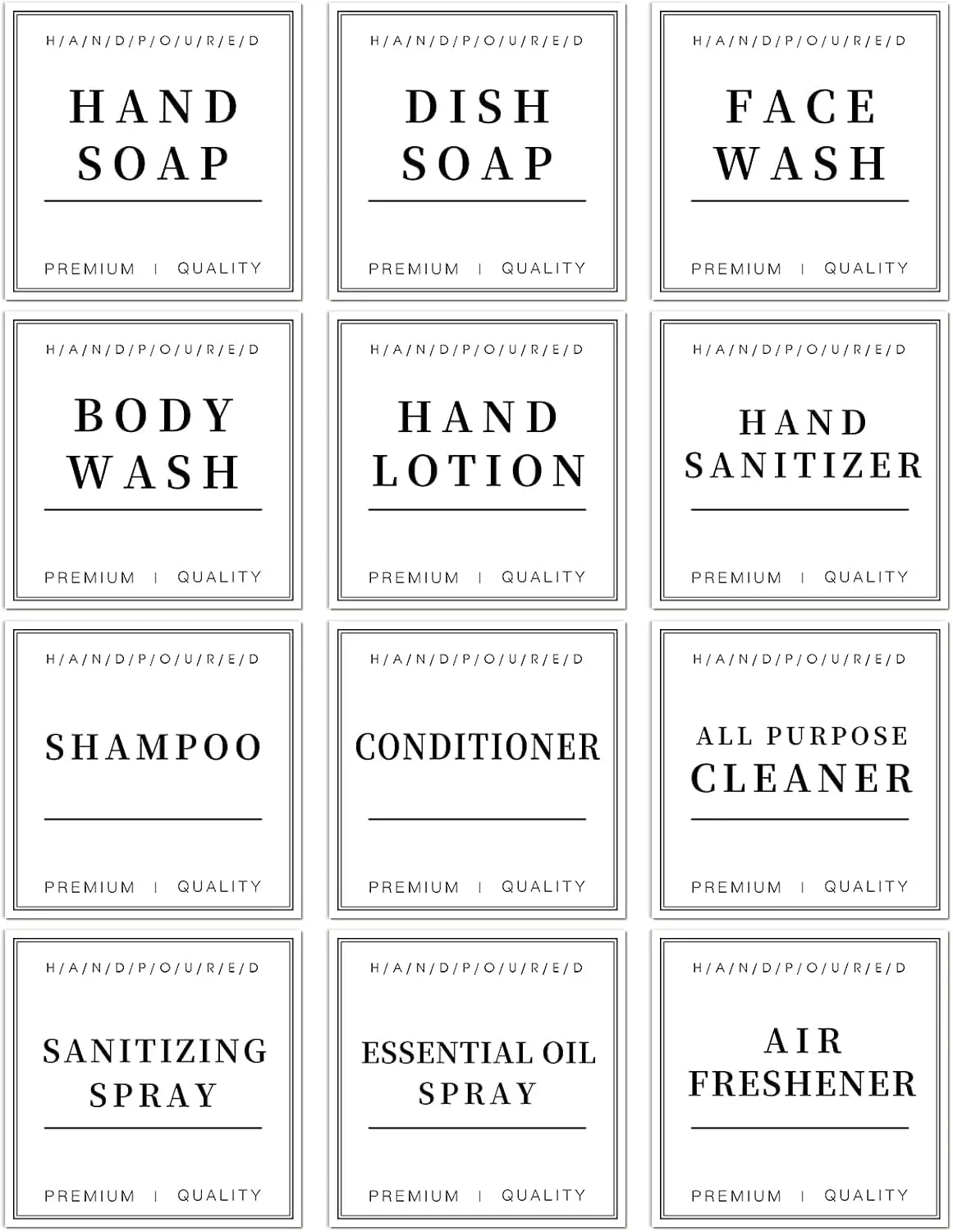 12 PCS Waterproof Glass/Plastic Bottle Labels - Farmhouse Bathroom/Kitchen Hand Soap Dispenser Label Stickers, Removable Cleaning Labels for Lotion, Shampoo and Conditioner