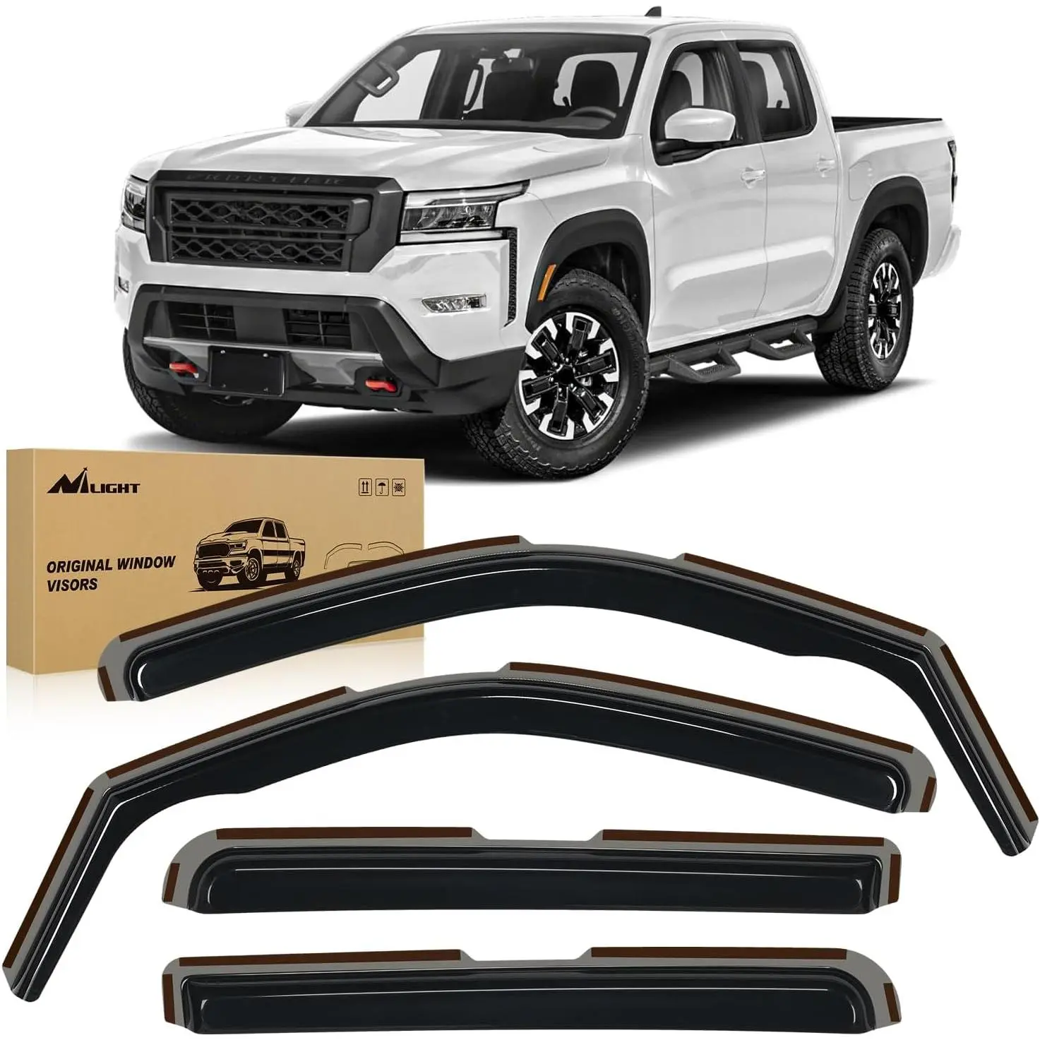 Nilight 4 Pcs Shatterproof Acrylic In-Channel Rain Guards - Custom-Fit, Tool-Free, All-Weather, Aerodynamic Window Deflectors for 2022-2025 Frontier Crew Cab, W/12 Clips, 78in Tape, 1 Crowbar (Car Exterior Replacement Accessory)