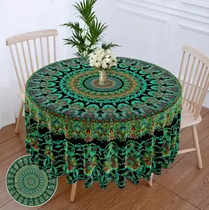 60*60 inch round polyester tablecloth, Bohemian style floral design round table cover, colorful patio dining table cloth, vintage tapestry bedspread, multi-functional towel, suitable for backyard barbecue picnic decoration and room decoration.