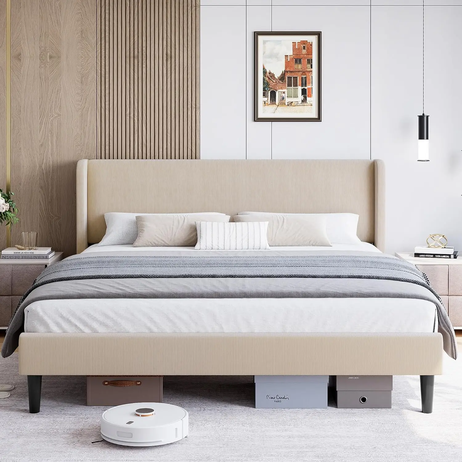 Beige Queen Size Upholstered Wingback Bed Frame - Velvet Platform, Wood Slats Support, Optional Box Spring Compatibility, Easy Assembly (Wingback Bed Frames)