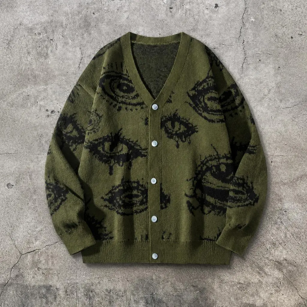 Mens Y2K Streetwear Big Eye Graphic Knit Cardigan Vintage Halloween Costume V Neck Button Up Sweater Casual Relaxed Fit Fall Winter Grunge Tops Olive Green S-XL Army Green Fashion