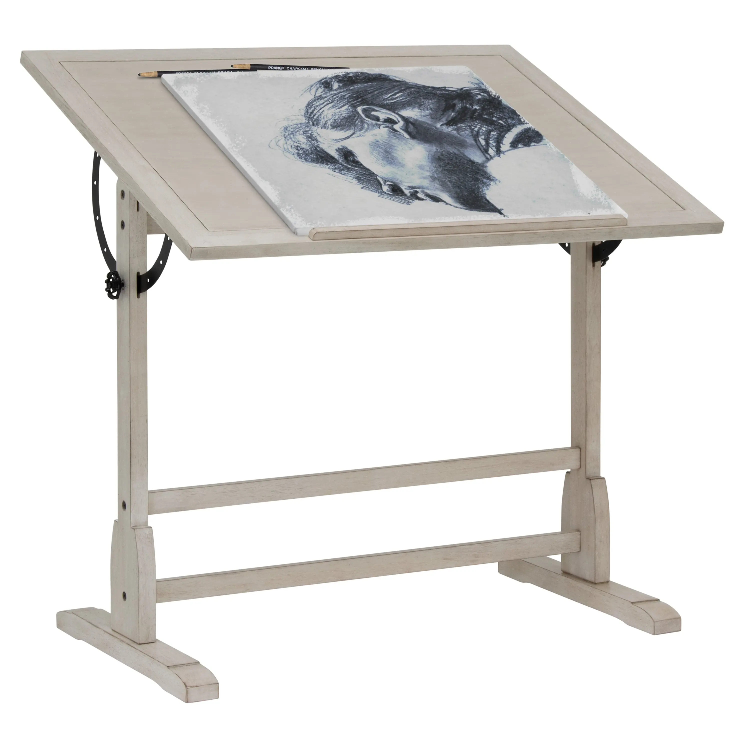 Vintage Solid Wood Drawing/Drafting Table with 42" x 30" Angle Adjustable Top, Coastal Whitewash 13348