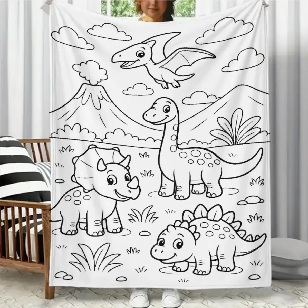 Dino-Themed Magic Color-Fillable Kid Blanket - Soft Fluffy, Lightweight Breathable Flannel Fleece, Multi-Size, Stain-Resistant, Custom DIY Print, Durable Modern Bedroom Decor, Children’s Birthday/Adult-Unisex Gift (No Markers Included)