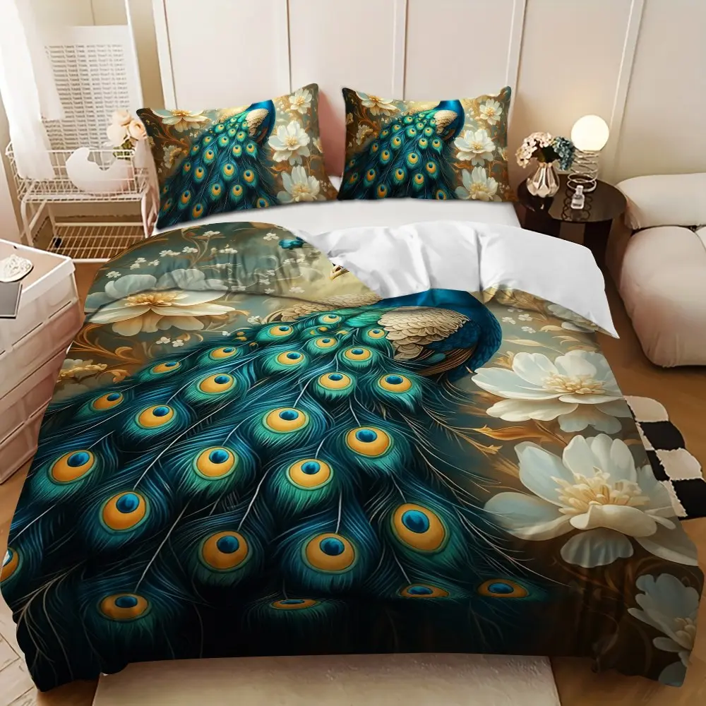 Bedding 3-piece set - 3PCS,Blue-green-gold peacock and white floral design down comforter set (1 comforter cover + 2 pillowcases, filling not included). soft and comfortable, suitable for family bedrooms.