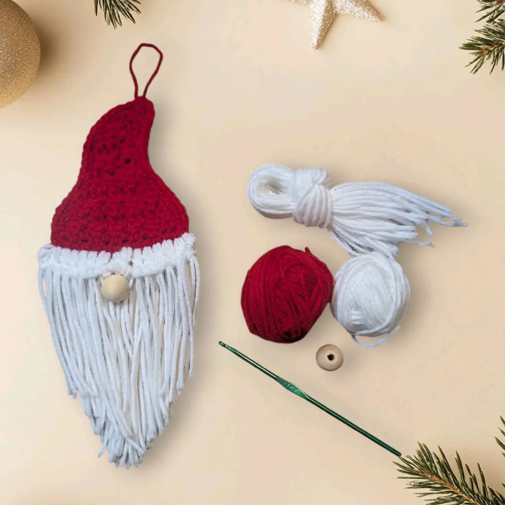 Christmas Santa Gnome Crochet Kit with Red and White Yarn Precut White Yarn Wooden Bead and 4mm Crochet Hook for Festive Crafting