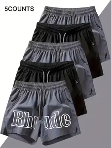 5-Pack Quick-Dry Sport Shorts, Fitness Workout Shorts, Running Gym Swimming Beach, Minimalist Rhude Print, Lightweight Water-Repellent Fabric, Unisex