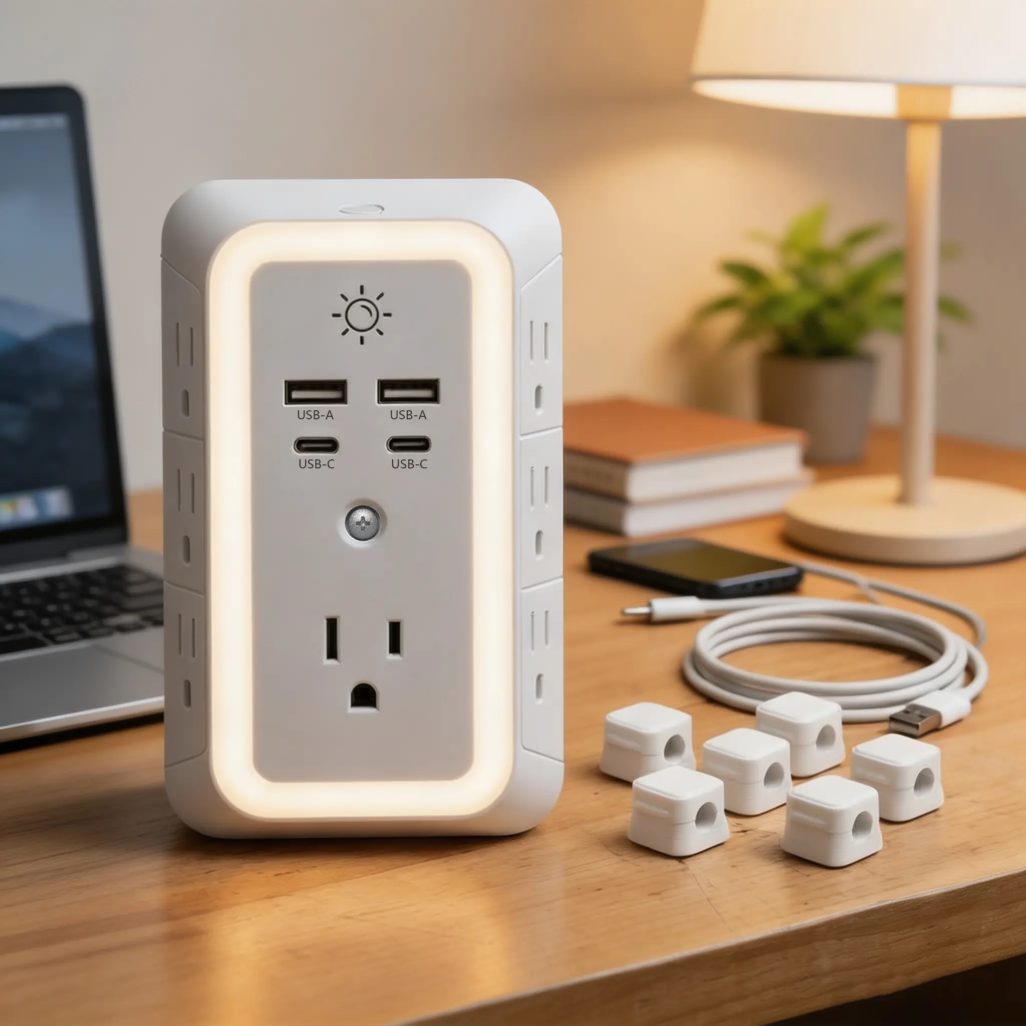 BEJUVG Rectangle Mountable Universal Socket Adapter - 3-Sided 125V Surge Protector Wall Charger, 7 Outlets with Night Light, 4 Ports (2 USB-C, 2 Type A), Multi-Device Charging Solutions, 8 Cable Fixing Kits (Indoor Use)