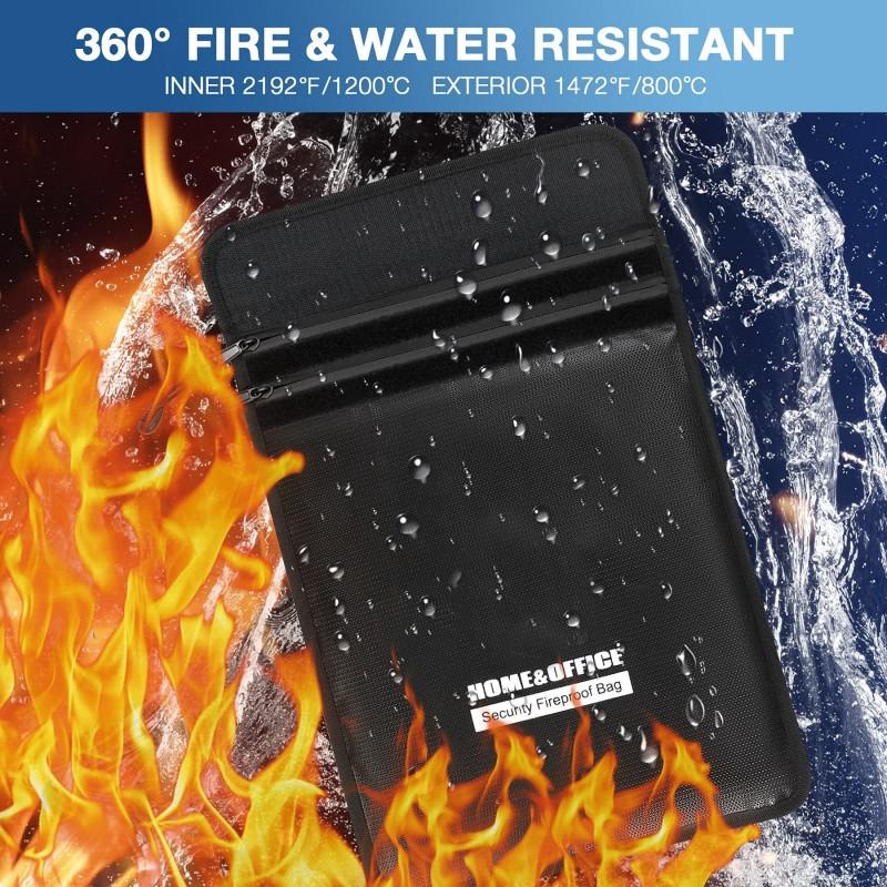 Two Pockets Fireproof Document Bag (2000℉), 15”x 11”Waterproof Fireproof Money Bag for Cash with Zipper, Important Document Storage Organizer for Valuables, Legal Documents Safe