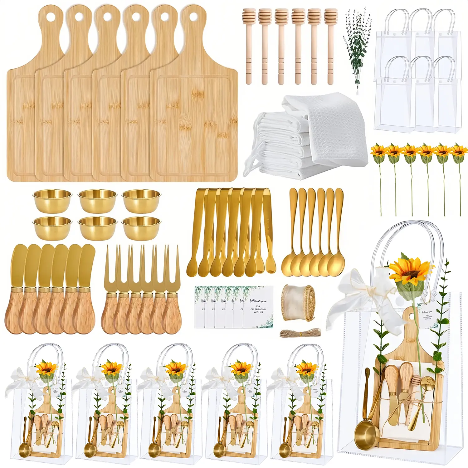 6-Set 80PCS Cheese Board Tableware Set with Honey Dipper, Charcuterie Utensils, Towel Cards & Gift Bags - Elegant Prizes for Game Winners, Wedding Favor Supplies