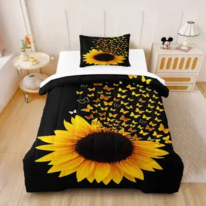 Black sunflower and butterfly print bedding set - 1 comforter and 2 pillowcases (filling not included), warm, soft, and comfortable stylish bedroom bedding for winter.