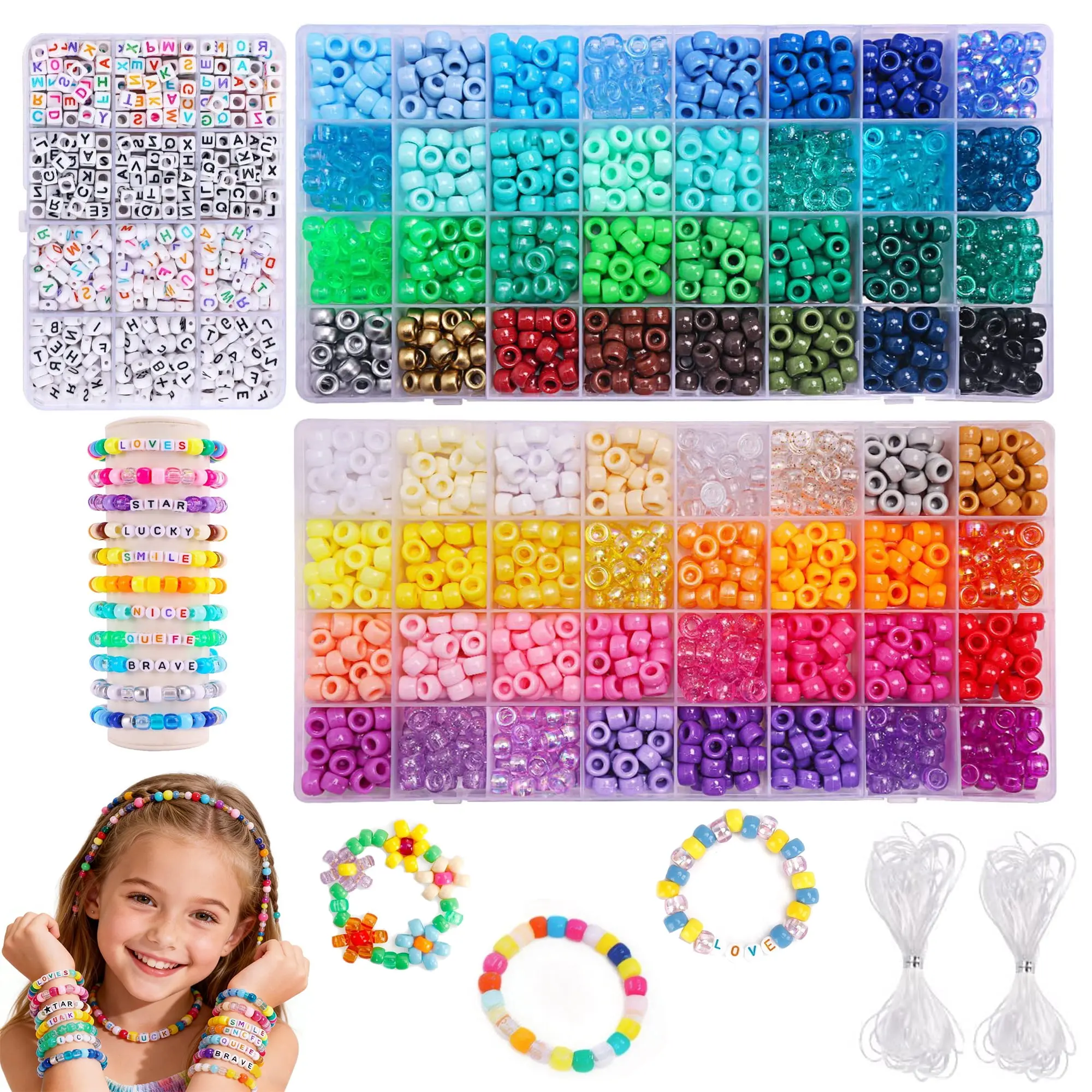 DIY Beading & Jewelry Making Kit (2200Pcs) - 64 Colors, 1600Pcs Pony Beads, 600Pcs Letter Beads, 20M Elastic Strings, Girls' Crafts Gift