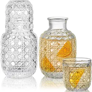 2 Sets Vintage Bedside Water Carafe Set With Tumbler, 4 Pcs 14Oz Clear Glass Mouthwash Bottle Nightstand Carafe and Glass for Handy Midnight Drink Set for Water, Juice, Kitchen, Bedroom Drinkware Cup