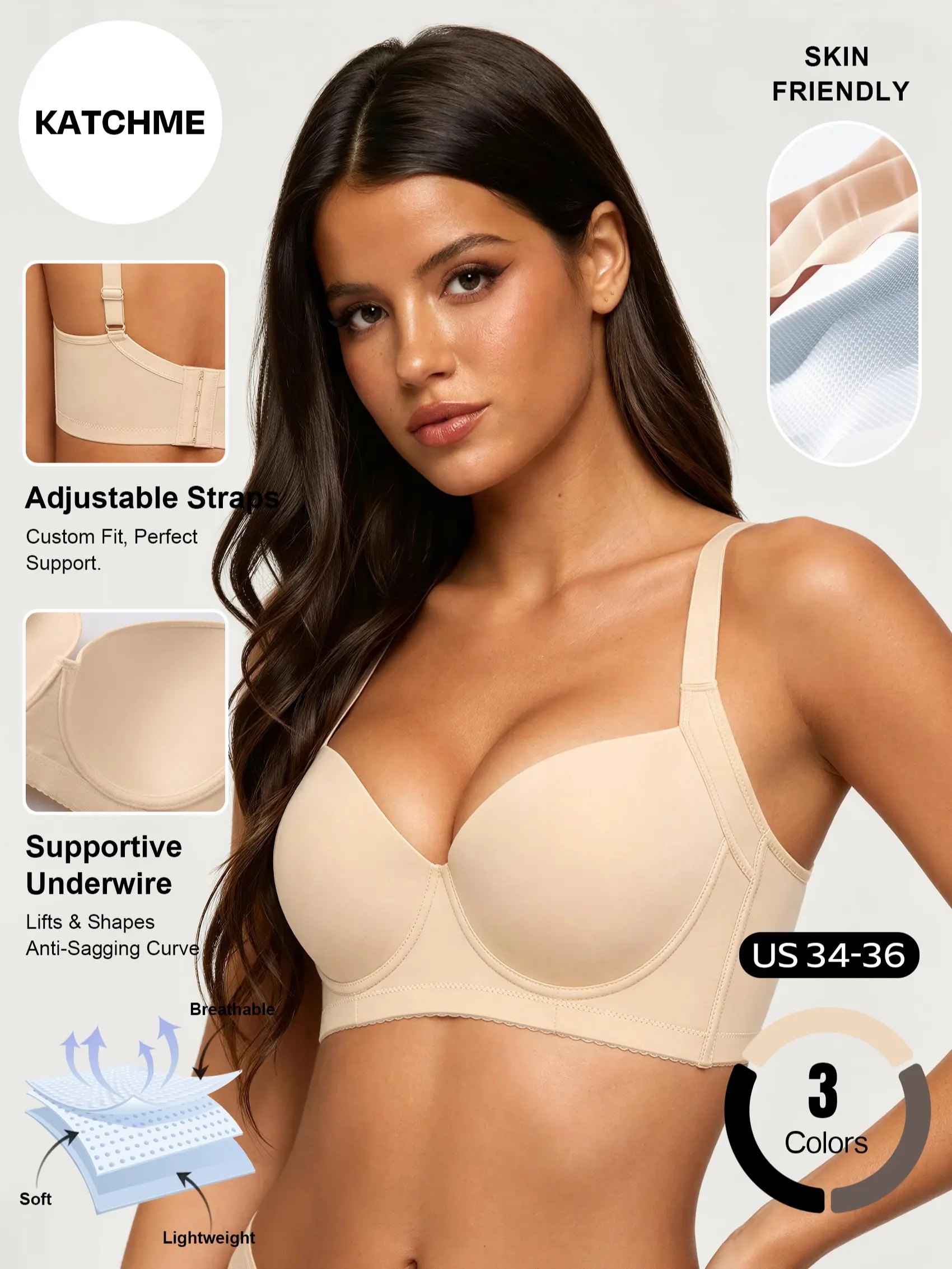 Katch Me COZY Women's Basic Seamless Plus Size Underwire Bra, Solid Color Adjustable Strap Push-Up Underwear, Curves Friendly Prevent Sagging 3/4 Coverage Bra #TikTokMadeMeBuyIt #PlusSizeBra #CasualChic