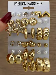 Elegant Rhinestone C-Shaped Earrings, Fashionable Earrings, 9 Pairs/18 Pairs Set, Simple Fashion Design, Perfect for All Occasions, Women's Jewelry