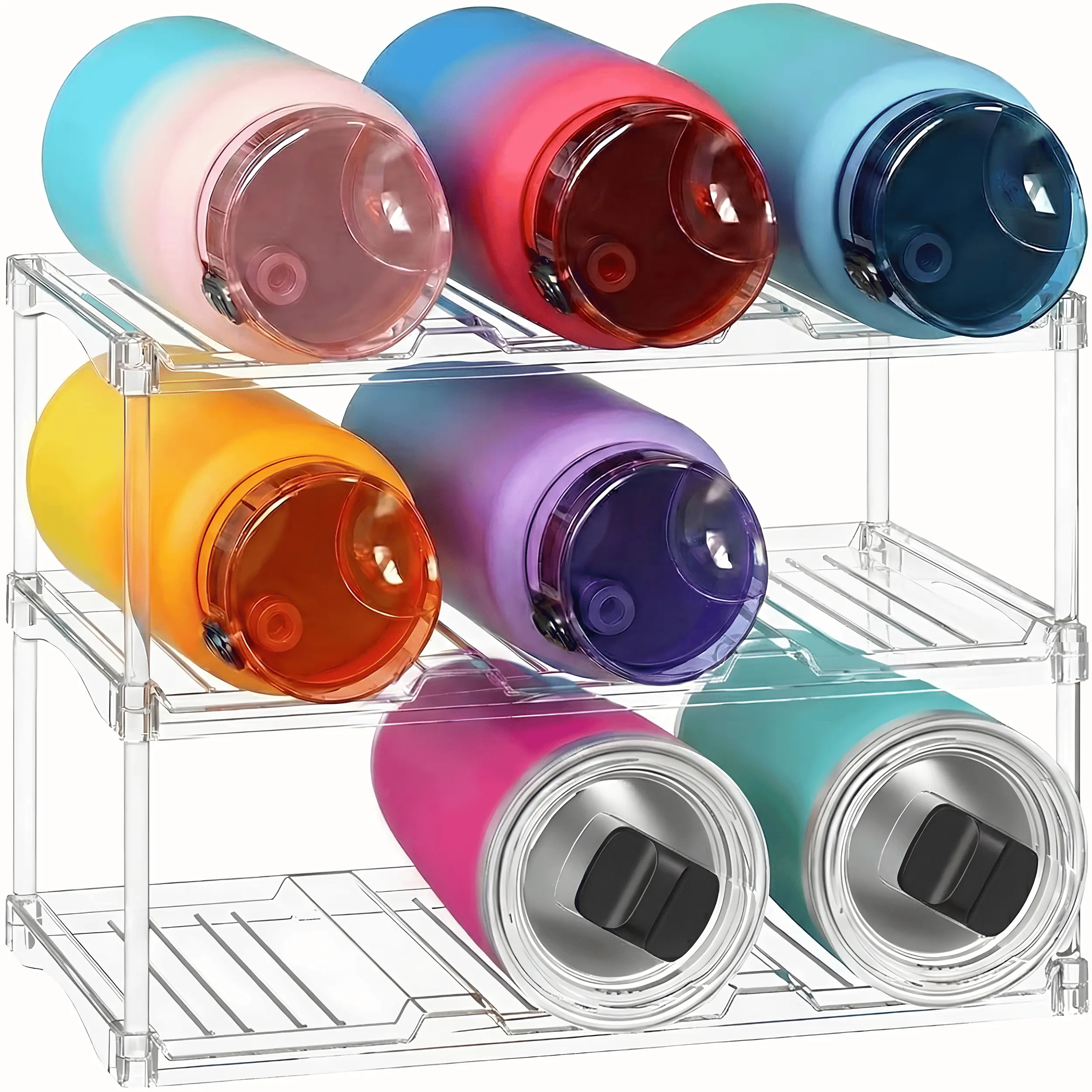 3 Tier Stackable Water Bottle Organizer Clear Plastic Bottle Storage Rack Holds 9 Bottles, Freestanding Wine Rack for Cabinet, Pantry, Fridge & Countertop, Tumbler Cup Organizer for Kitchen Home Organization