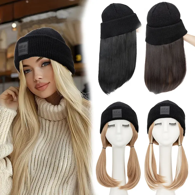 Women's Synthetic Material Wigs with Hair Extensions - #018-18in(Black&White Hat) Warm & Comfortable Knitted Beanie, Natural Straight-Long Wave-Curly Heat Resistant Full Machine Wig