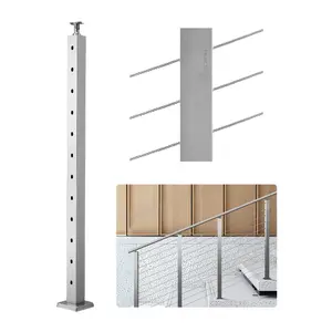 VEVOR Cable Railing Post, 42x2x2 Inch Stair Railing Post, with Pre-Drilled 30 Angled Holes, Stainless Steel Cable Rail Post with Horizontal and Curved Bracket, 1-Pack, Silver, 1JZLGZXYS1062TLWC001V0, Easy Install
