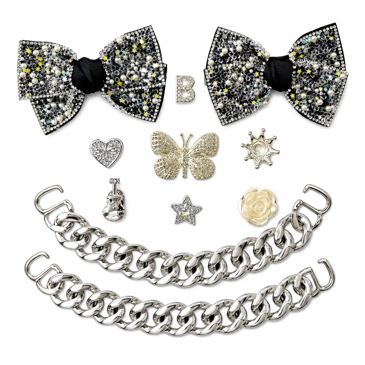 11PCS Bling Clog Shoe Charm Set, 2 Rhinestone Bow Charms, 2 Silver Chain Straps & 7 Mixed Charms for Women