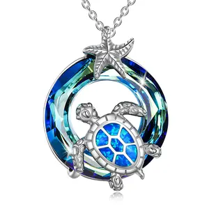 925 Sterling Silver Turtle Necklace Blue Crystal Sea Turtles Jewelry Tortoise Pendant, Sea Turtle Gifts for Women Gifts for Her Girlfriend Wife Mom Grandma 18+2 Inch