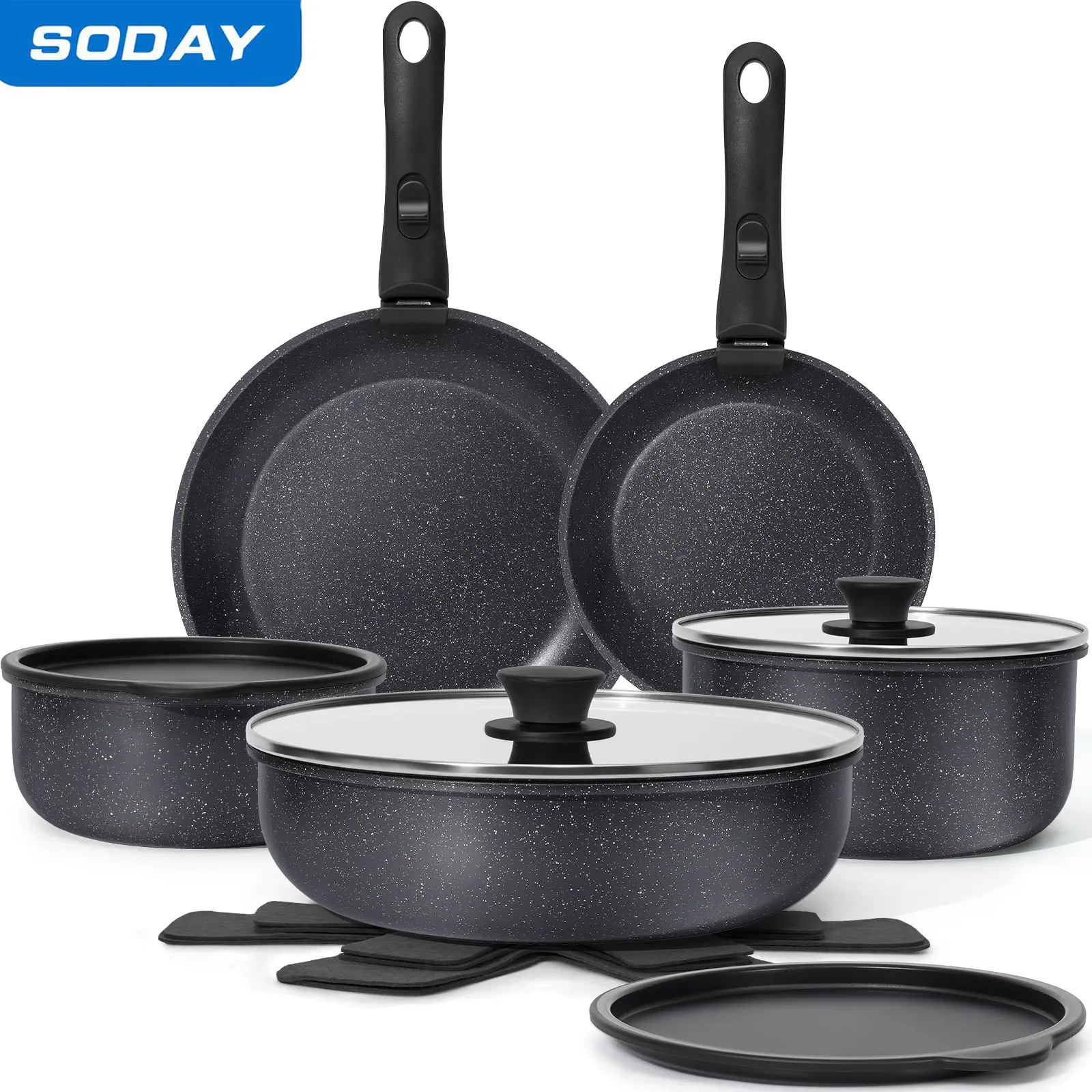 SODAY New 15pcs Detachable Handle Nonstick Cookware Set,Black/White, Pots and Pans, Oven safe Frying Pan, Dishwasher Safe,Kitchenware,stock up on specials,DealsForYouDays,Father's Day Gift Compact Induction