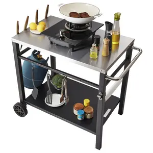 VEVOR Outdoor Grill Dining Cart - Durable, Rust-Proof Stainless Steel Top, Double-Shelf, 2-Wheel Movable Food Prep Table with Rack, Canister, Carry Handle, Easy Installation for Pizza Oven Use