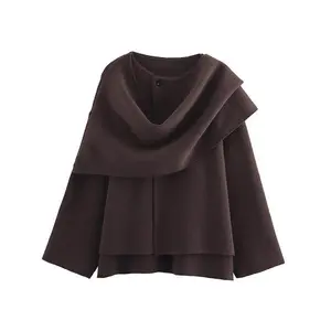 Women's Autumn New Asymmetric Scarf Short Loose Knitted Coat Jacket Knitwear Womenswear Buckle Sea