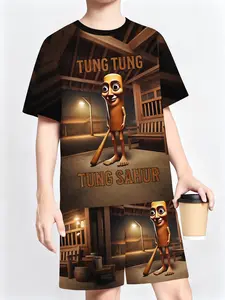 Tung Tung Cartoon Woodman 3D Printed Short Sleeve Shorts Set, Summer Fun Casual Two-Piece Set, Slim-Fitting Without Collar