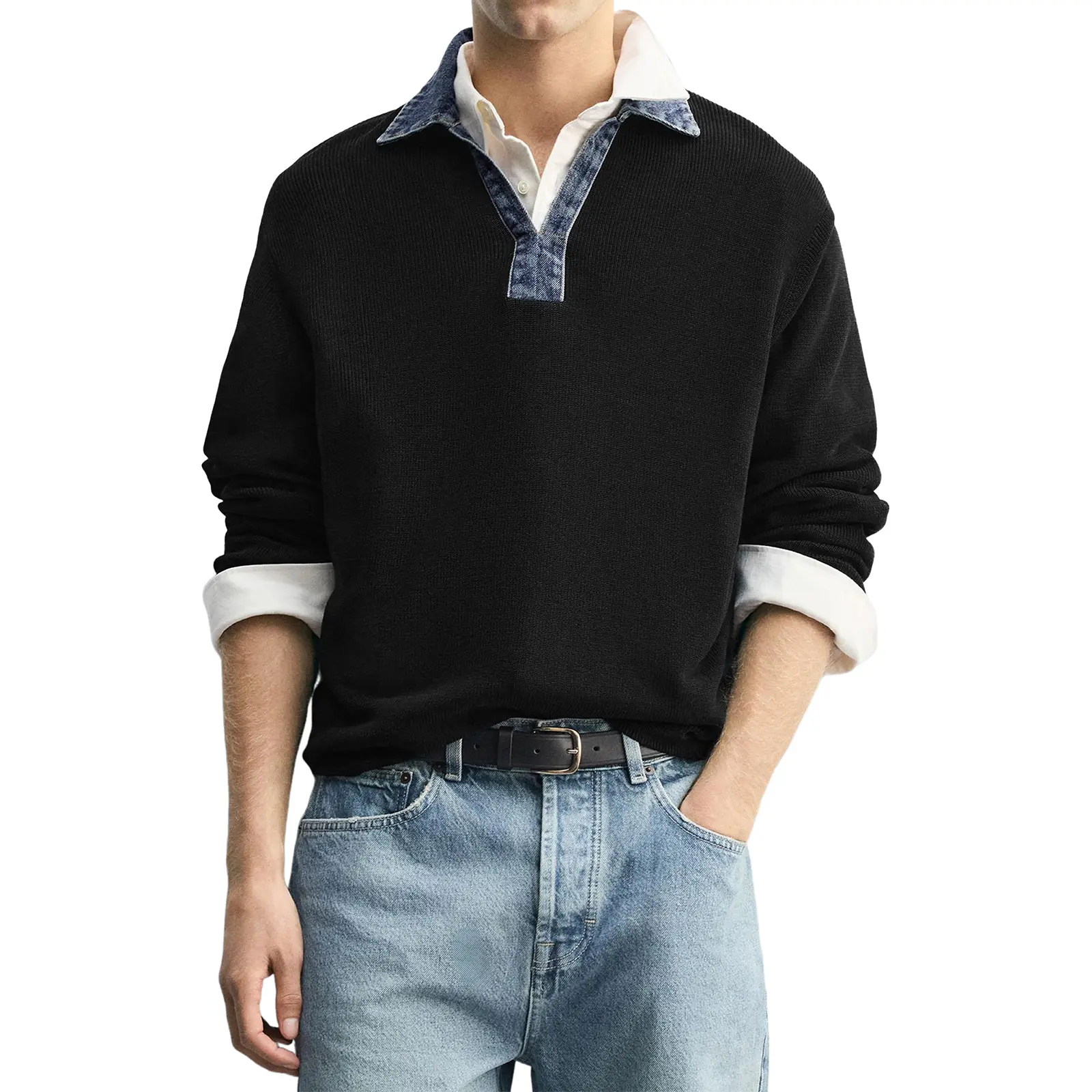 JMIERR Mens Denim Collar Knit Sweaters Long Sleeve Casual Sweater Pullover