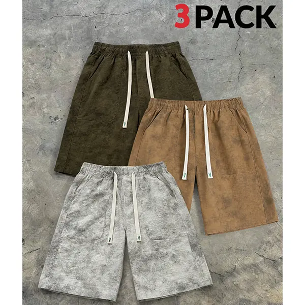 Men’s 3-Piece Washed Distressed Drawstring Mid-Waist Plain Casual Shorts Set, Loose Urban Street Style Menswear, Multi-Pack Value, Summer Outfits with Multiple Pockets for Everyday Outings