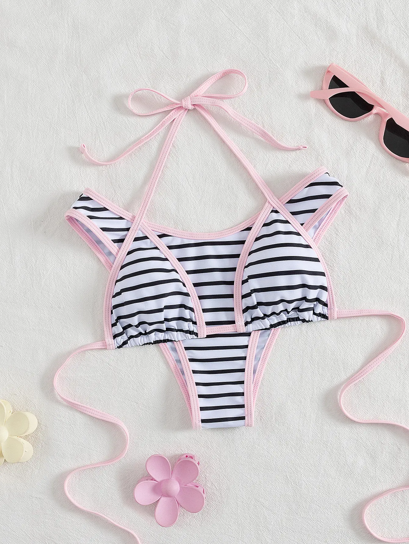 Women's Black & White Classic Horizontal Striped Halter Bikini Swimsuit Set with Pink Contrast Trim Viral Beachwear for Insta Worthy Photos, No