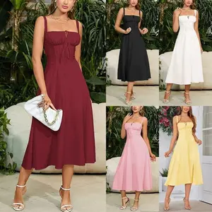 Women's Plain Ruched Boning Corset Milkmaid Dress, Lace Up Dress, Party Dress, Split Thigh Dress, Tie Front Dress, Elegant Squar