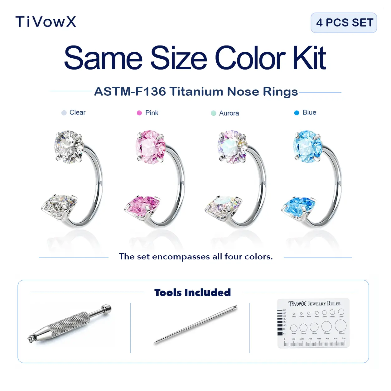 TiVowX Same Size Color Kit | 4PCS ASTM F136 Titanium Horseshoe Nose Rings | Choose 18G/20G & 7mm/8mm | Internally Threaded CZ Gems, Tools Included