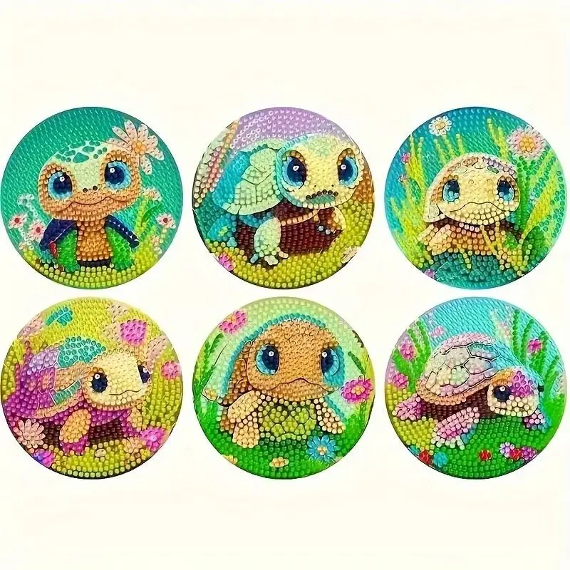 6 pieces/set turtle pattern artificial diamond painting art set coasters, Decorative coaster, DIY crystal diamond painting wooden table art coasters with stand, suitable for adult office coffee MATS, family coasters