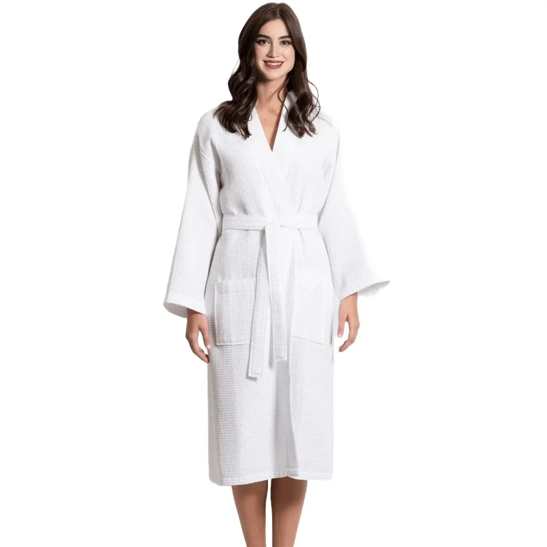 TowelSoft Women's Premium Cotton Blend Waffle Bathrobe - Breathable, Lightweight White Kimono with Pockets, Wide Sash, Below Knee Style, Wrap-Fit Loungewear Gown