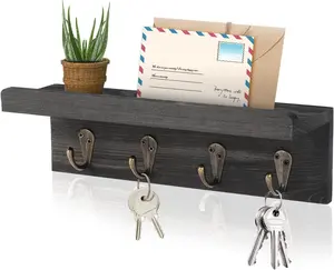 Rustic Key Holder for Wall, Farmhouse Wall Shelf with 4 Hooks, Wall Mounted Key Racks, Wooden Mail Organizer with Hooks for Entryway (Black - Pine)