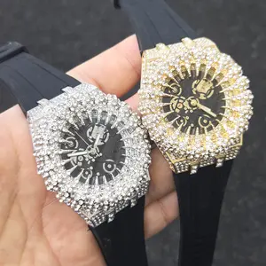 Men's Watch Black Silicone Band Simulated Diamond Iced Monster Teeth Design Bezel Quartz Movement Luxury Urban Unique Style