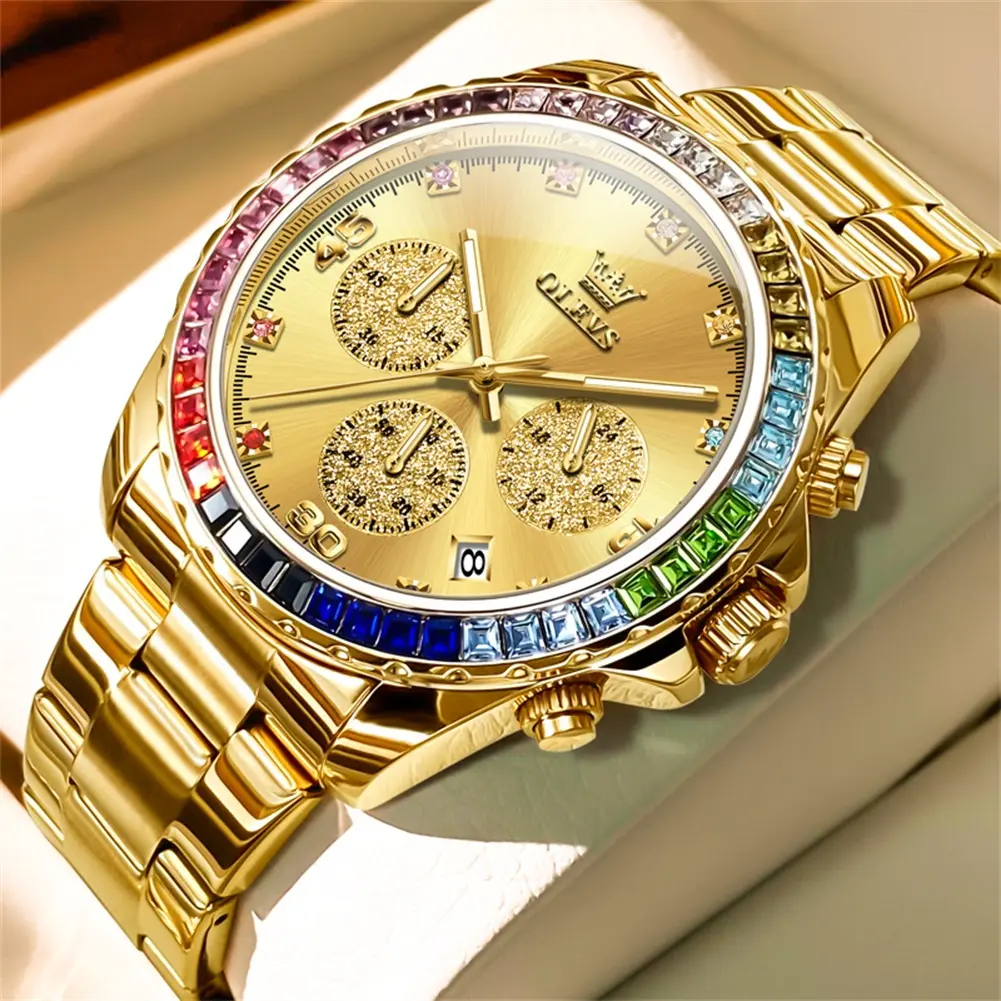 OLEVS Men's G2939 Diamond Business Dress Watch Gold Analog Quartz Stainless Steel Waterproof Luminous Date Two Tone Luxury Casual Wrist Watch