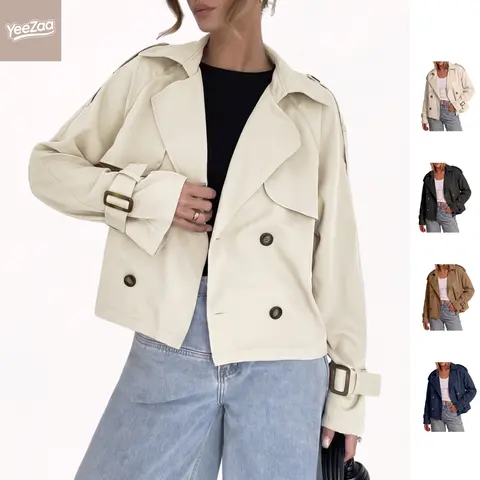 YeeZaa Short Trench Coat Jacket For Woman Cropped Double Breasted 2026 Fall Fashion Work Office Blazer Outerwear Trendy Raglan Sleeve Dressy Casual Coat with Pockets