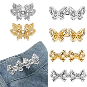 6Sets Pant Waist Tightener Butterfly Jeans Pins Buttons for Loose Jeans, Adjustable & Detachable Pants Waist Clips for Waist, No Sew Button for Women Jeans Pants Skirt（Gift 2 sewn flower buttons）