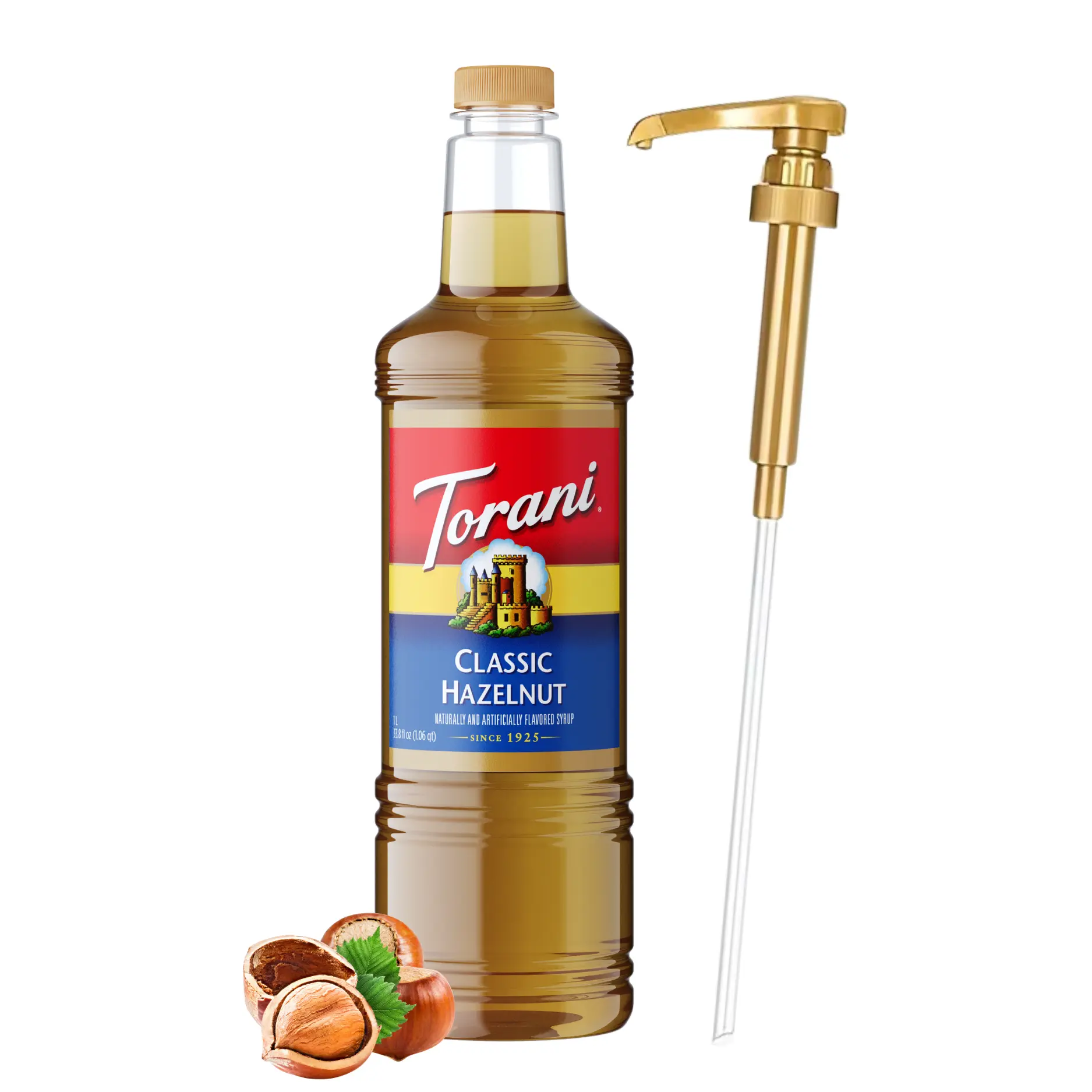 Torani Classic Hazelnut Syrup, 1L with Pump, Coffee Flavoring for Lattes & Other Beverages