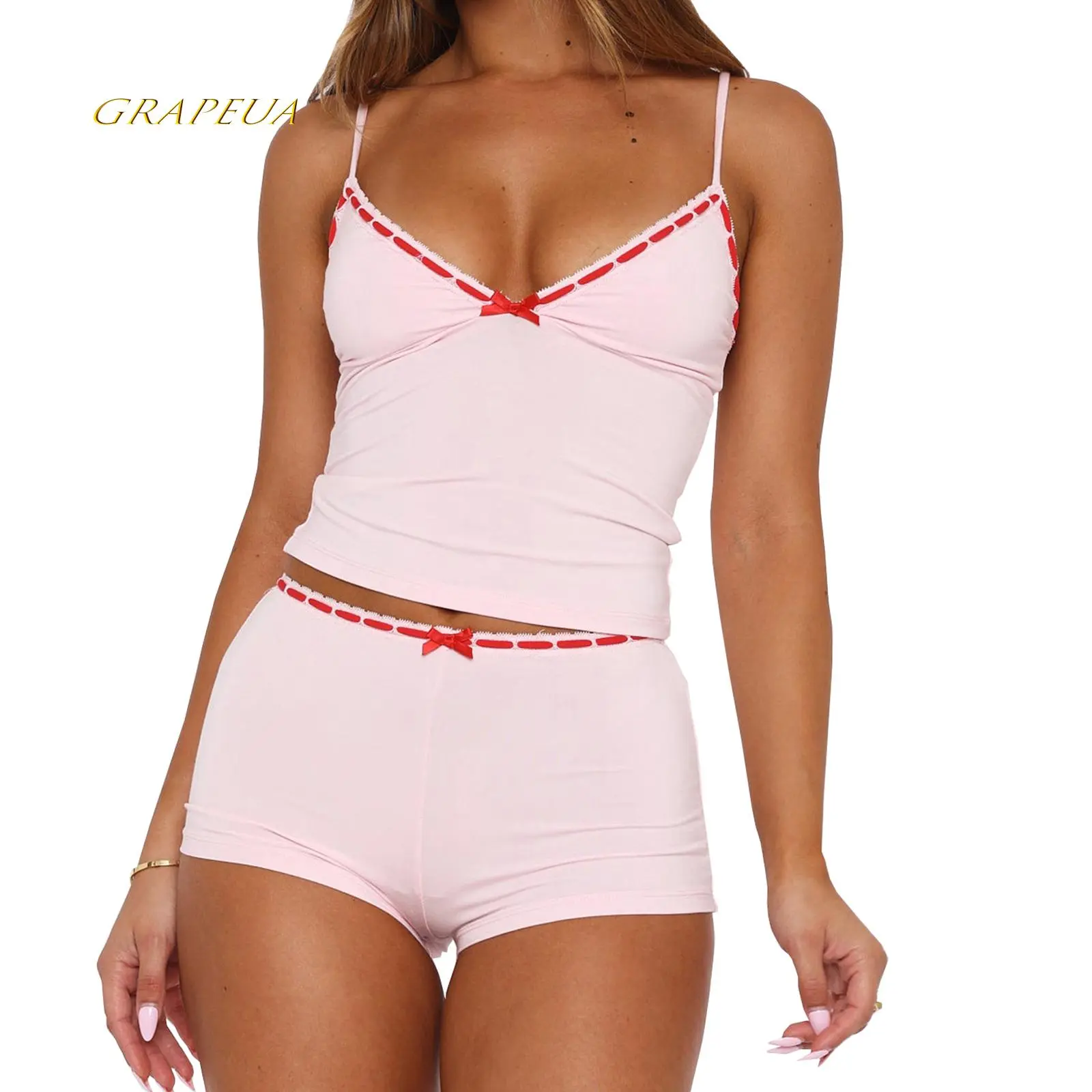 Women's 2-Piece Polyester Lounge Set, V-Neck Sleeveless Cami Top with Bow Decor and Shorts, Women's 2 Piece Sleepwear Outfits for Lounging, 2 Piece Sets