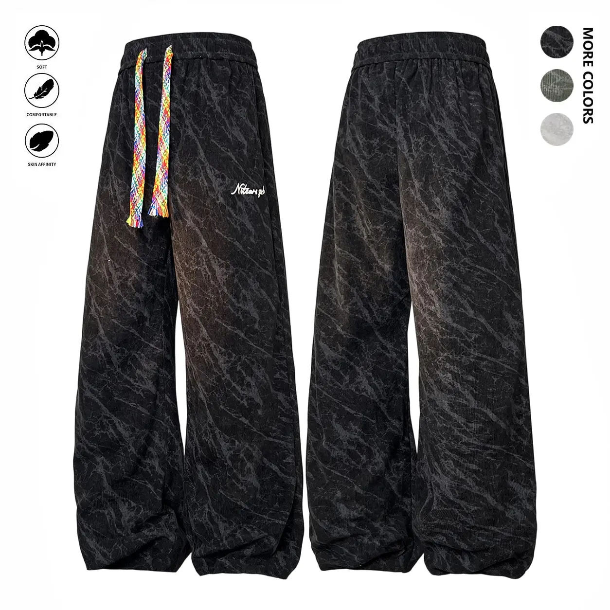 Unisex drawstring sweatpants — corduroy wide-leg streetwear pants, loose fit suitable for long wear, multi-color drawstring design, embroidered logo, summer style, unisex streetwear fit
