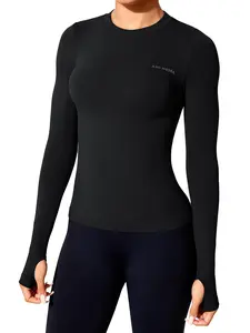 Women's Letter Print Thumb Hole Design Baselayer Top, Long Sleeve Round Neck T-shirt for Skiing Gym Workout, Ladies Sportswear Athletic Style Activewear for All Seasons, Athletic Yoga Tops, Fitness Shirt