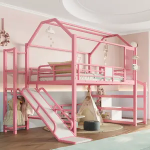 Full Size House Loft bed with Slide and Stairs, Heavy-Duty Metal Playhouse Bed with Storage Shelves, House-shaped Roof and Noise-free Design