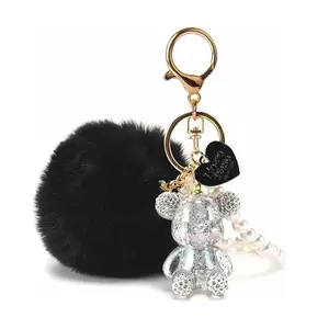 Kawaii Cute Bear Keychain for Women, Bling Gummy Bear Pom Pom Key Chain Fuzzy Keychain Girly Wristlet Keychain for Backpack