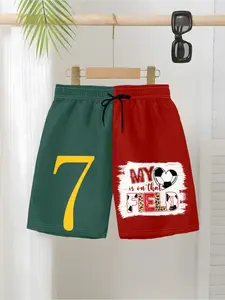 Colorblock Short Pants, Patchwork Design, Number 7 Printed Drawstring Waist, Summer Casual Sports Wear