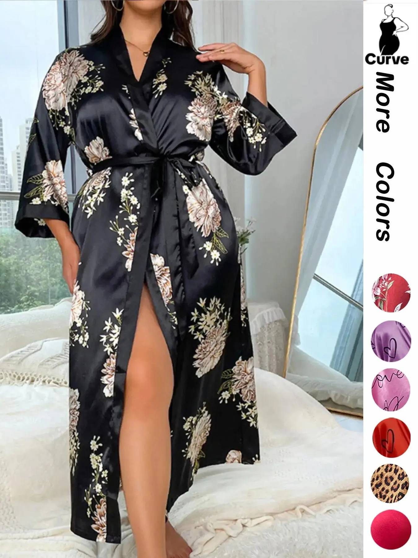 Plus Size Halloween Pumpkin Skull Print Belted Contrast Binding Wrap Robe, Elegant Soft Comfy V Neck Long Lounge Robe, Women's Sleepwear, Loungewear, Lady Summer Outfits 2024, Gowns, Sleeves