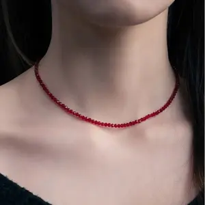 Natural Genuine Red Spinel 2mm Round Beads Choker Healing Charka Red Crystal Dainty Minimalist Necklace Gift