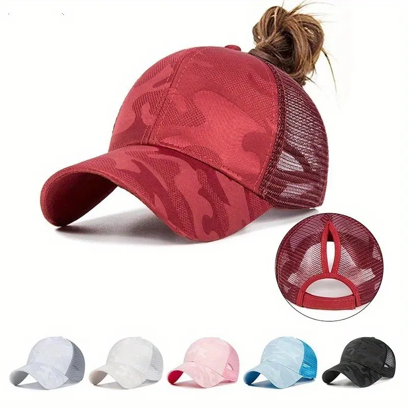 1/2 Pack Women's High Ponytail Mesh Trucker Hat, Adjustable Messy Bun Baseball Cap with Camo Print
